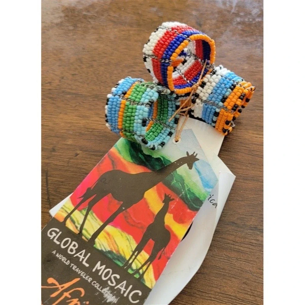 NWT Global Mosaic Africa Ariafrica Blue Orange Beaded Napkin Rings 121568